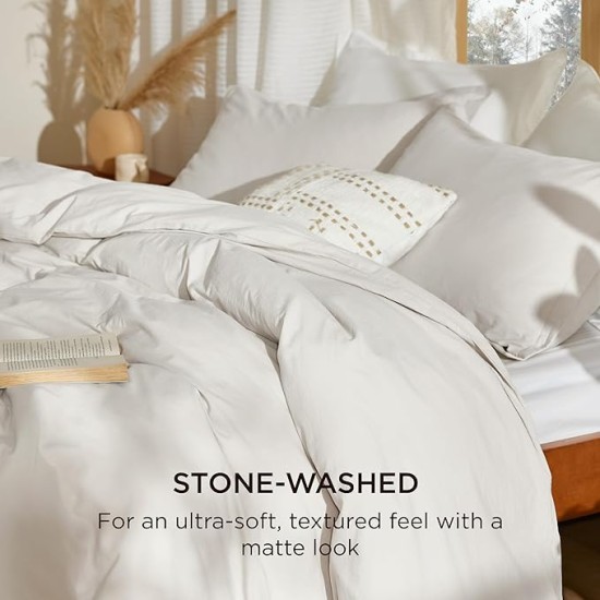 100% Stone Washed Cotton Duvet Cover Queen - Linen Grey Minimalist Cotton Duvet Cover Linen Like - 3 Pieces Plain Simple Duvet Cover Set with 2 Pillow Shams (Linen Grey, Queen, 90"x90")