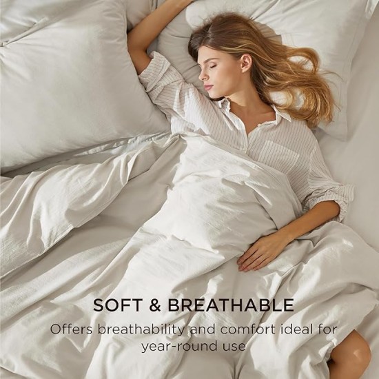100% Stone Washed Cotton Duvet Cover Queen - Linen Grey Minimalist Cotton Duvet Cover Linen Like - 3 Pieces Plain Simple Duvet Cover Set with 2 Pillow Shams (Linen Grey, Queen, 90"x90")