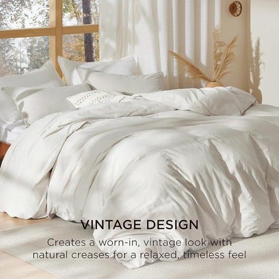 100% Stone Washed Cotton Duvet Cover Queen - Linen Grey Minimalist Cotton Duvet Cover Linen Like - 3 Pieces Plain Simple Duvet Cover Set with 2 Pillow Shams (Linen Grey, Queen, 90"x90")