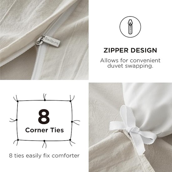100% Stone Washed Cotton Duvet Cover Queen - Linen Grey Minimalist Cotton Duvet Cover Linen Like - 3 Pieces Plain Simple Duvet Cover Set with 2 Pillow Shams (Linen Grey, Queen, 90"x90")