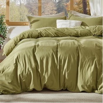 100% Stone Washed Cotton Duvet Cover Queen - Avocado Minimalist Cotton Duvet Cover Linen Like - 3 Pieces Plain Simple Duvet Cover Set with 2 Pillow Shams (Avocado, Queen, 90"x90")