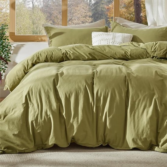 100% Stone Washed Cotton Duvet Cover Queen - Avocado Minimalist Cotton Duvet Cover Linen Like - 3 Pieces Plain Simple Duvet Cover Set with 2 Pillow Shams (Avocado, Queen, 90"x90")