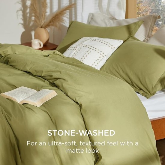 100% Stone Washed Cotton Duvet Cover Queen - Avocado Minimalist Cotton Duvet Cover Linen Like - 3 Pieces Plain Simple Duvet Cover Set with 2 Pillow Shams (Avocado, Queen, 90"x90")