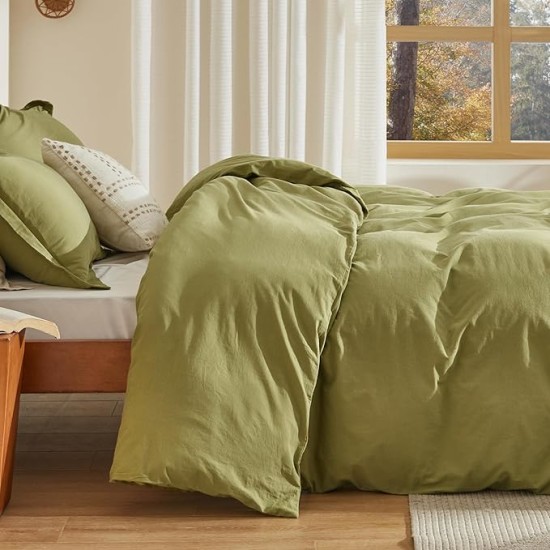 100% Stone Washed Cotton Duvet Cover Queen - Avocado Minimalist Cotton Duvet Cover Linen Like - 3 Pieces Plain Simple Duvet Cover Set with 2 Pillow Shams (Avocado, Queen, 90"x90")