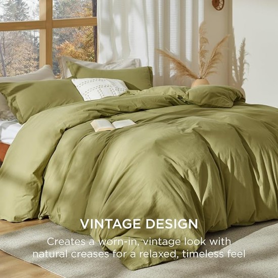 100% Stone Washed Cotton Duvet Cover Queen - Avocado Minimalist Cotton Duvet Cover Linen Like - 3 Pieces Plain Simple Duvet Cover Set with 2 Pillow Shams (Avocado, Queen, 90"x90")