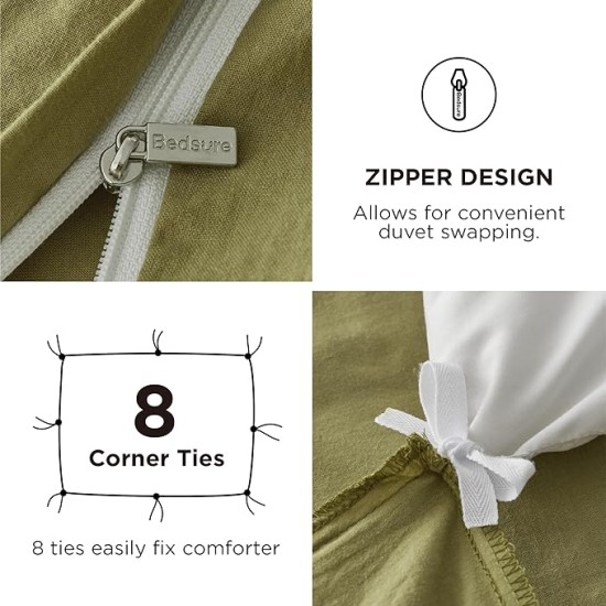 100% Stone Washed Cotton Duvet Cover Queen - Avocado Minimalist Cotton Duvet Cover Linen Like - 3 Pieces Plain Simple Duvet Cover Set with 2 Pillow Shams (Avocado, Queen, 90"x90")