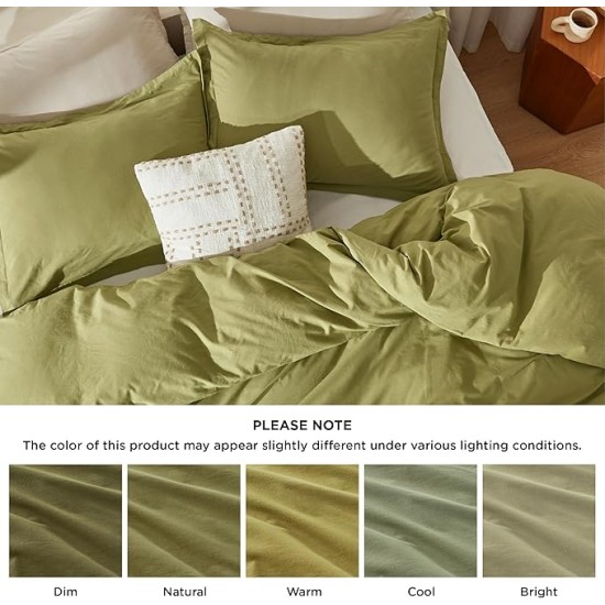 100% Stone Washed Cotton Duvet Cover Queen - Avocado Minimalist Cotton Duvet Cover Linen Like - 3 Pieces Plain Simple Duvet Cover Set with 2 Pillow Shams (Avocado, Queen, 90"x90")