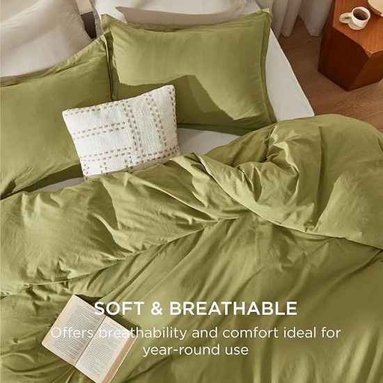 100% Stone Washed Cotton Duvet Cover Queen - Avocado Minimalist Cotton Duvet Cover Linen Like - 3 Pieces Plain Simple Duvet Cover Set with 2 Pillow Shams (Avocado, Queen, 90"x90")