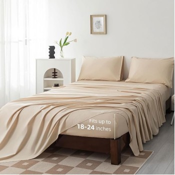 100% Egyptian Cotton Sheets King Size Set 18"-24" Extra Deep Pocket King Sheets Set Soft Breathable Cooling 4Pcs Bed Sheets with 1 Flat Sheet, 1 Fitted Sheet, 2 Pillowcases (King, Beige)