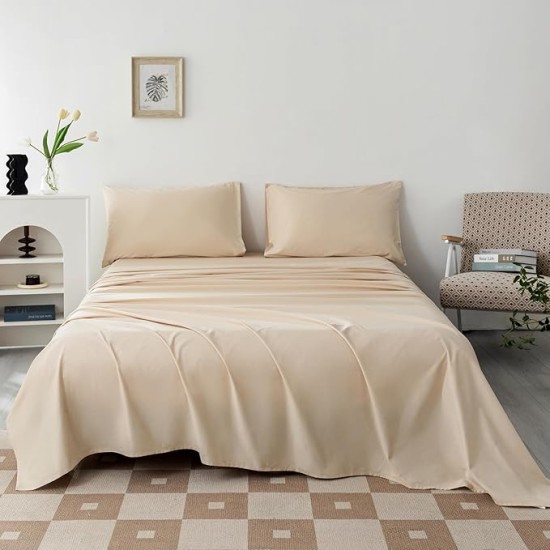 100% Egyptian Cotton Sheets King Size Set 18"-24" Extra Deep Pocket King Sheets Set Soft Breathable Cooling 4Pcs Bed Sheets with 1 Flat Sheet, 1 Fitted Sheet, 2 Pillowcases (King, Beige)