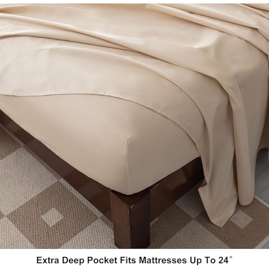 100% Egyptian Cotton Sheets King Size Set 18"-24" Extra Deep Pocket King Sheets Set Soft Breathable Cooling 4Pcs Bed Sheets with 1 Flat Sheet, 1 Fitted Sheet, 2 Pillowcases (King, Beige)