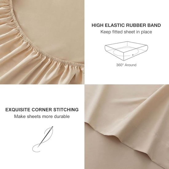 100% Egyptian Cotton Sheets King Size Set 18"-24" Extra Deep Pocket King Sheets Set Soft Breathable Cooling 4Pcs Bed Sheets with 1 Flat Sheet, 1 Fitted Sheet, 2 Pillowcases (King, Beige)