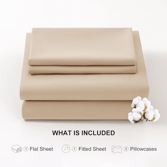 100% Egyptian Cotton Sheets King Size Set 18"-24" Extra Deep Pocket King Sheets Set Soft Breathable Cooling 4Pcs Bed Sheets with 1 Flat Sheet, 1 Fitted Sheet, 2 Pillowcases (King, Beige)