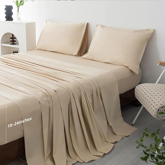 100% Egyptian Cotton Sheets King Size Set 18"-24" Extra Deep Pocket King Sheets Set Soft Breathable Cooling 4Pcs Bed Sheets with 1 Flat Sheet, 1 Fitted Sheet, 2 Pillowcases (King, Beige)