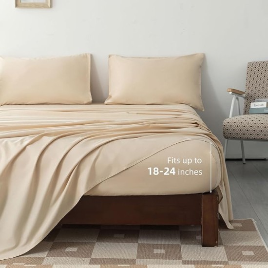 100% Egyptian Cotton Sheets King Size Set 18"-24" Extra Deep Pocket King Sheets Set Soft Breathable Cooling 4Pcs Bed Sheets with 1 Flat Sheet, 1 Fitted Sheet, 2 Pillowcases (King, Beige)