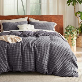 Waffle Duvet Cover Queen - Moisture-Wicking Cotton Blend Rayon Derived from Bamboo Duvet Cover Set for Hot Sleepers, Cooling Bedding Set with a Vintage Charm, 3 Pieces (Charcoal, 90"x90")