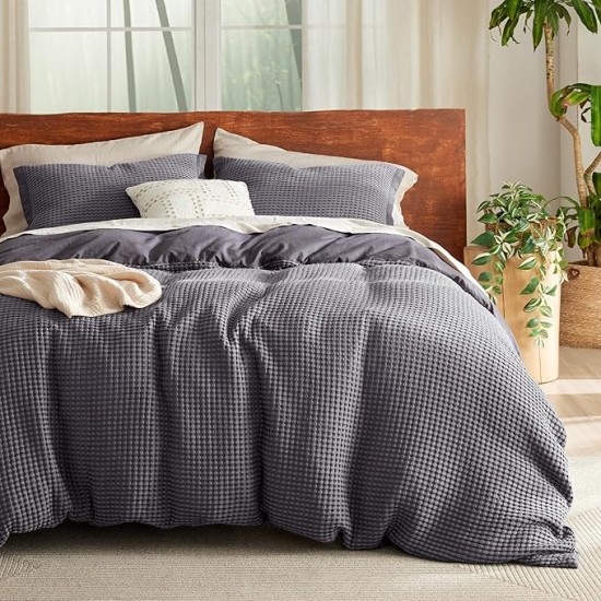 Waffle Duvet Cover Queen - Moisture-Wicking Cotton Blend Rayon Derived from Bamboo Duvet Cover Set for Hot Sleepers, Cooling Bedding Set with a Vintage Charm, 3 Pieces (Charcoal, 90"x90")