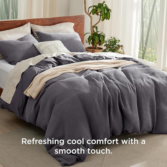 Waffle Duvet Cover Queen - Moisture-Wicking Cotton Blend Rayon Derived from Bamboo Duvet Cover Set for Hot Sleepers, Cooling Bedding Set with a Vintage Charm, 3 Pieces (Charcoal, 90"x90")