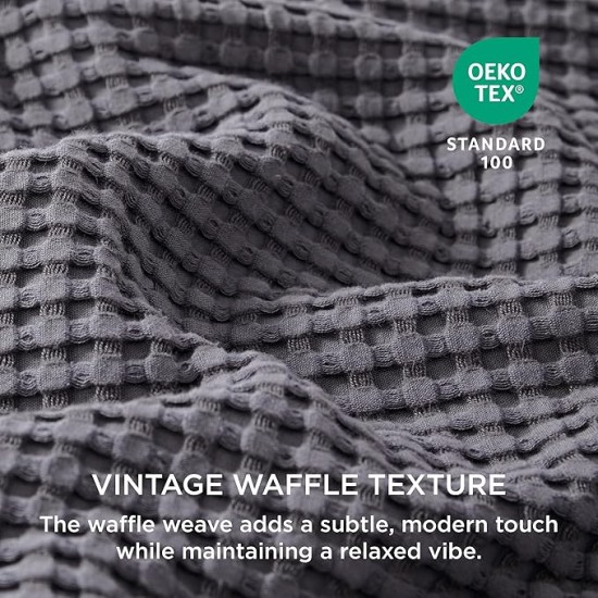 Waffle Duvet Cover Queen - Moisture-Wicking Cotton Blend Rayon Derived from Bamboo Duvet Cover Set for Hot Sleepers, Cooling Bedding Set with a Vintage Charm, 3 Pieces (Charcoal, 90"x90")