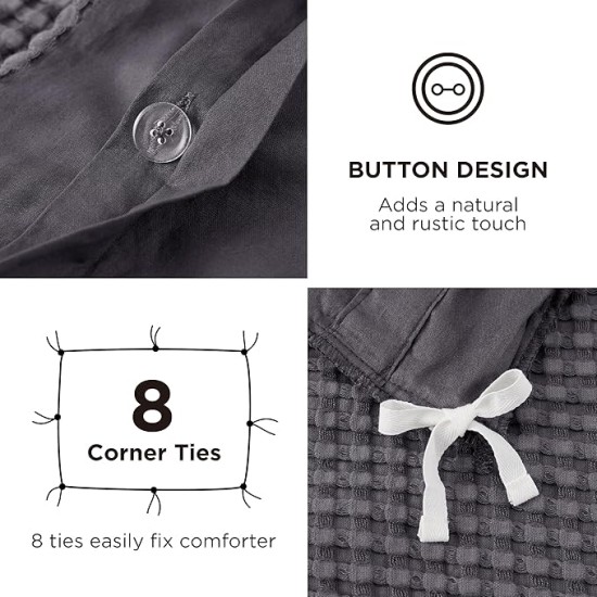 Waffle Duvet Cover Queen - Moisture-Wicking Cotton Blend Rayon Derived from Bamboo Duvet Cover Set for Hot Sleepers, Cooling Bedding Set with a Vintage Charm, 3 Pieces (Charcoal, 90"x90")