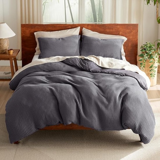 Waffle Duvet Cover Queen - Moisture-Wicking Cotton Blend Rayon Derived from Bamboo Duvet Cover Set for Hot Sleepers, Cooling Bedding Set with a Vintage Charm, 3 Pieces (Charcoal, 90"x90")