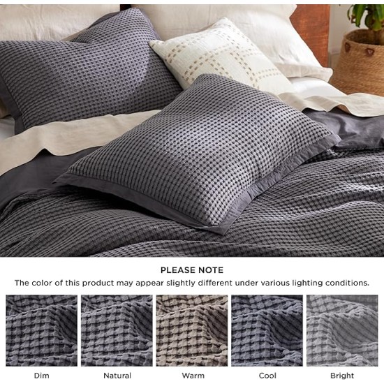 Waffle Duvet Cover Queen - Moisture-Wicking Cotton Blend Rayon Derived from Bamboo Duvet Cover Set for Hot Sleepers, Cooling Bedding Set with a Vintage Charm, 3 Pieces (Charcoal, 90"x90")