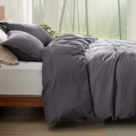 Waffle Duvet Cover Queen - Moisture-Wicking Cotton Blend Rayon Derived from Bamboo Duvet Cover Set for Hot Sleepers, Cooling Bedding Set with a Vintage Charm, 3 Pieces (Charcoal, 90"x90")