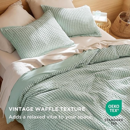 Waffle Duvet Cover Queen - Moisture-Wicking Cotton Blend Rayon Derived from Bamboo Duvet Cover Set for Hot Sleepers, Cooling Bedding Set with a Vintage Charm, 3 Pieces (Sage Green, 90"x90")