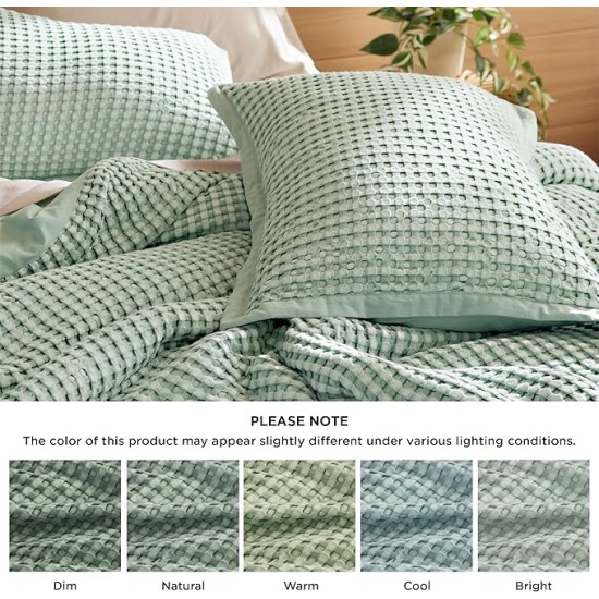 Waffle Duvet Cover Queen - Moisture-Wicking Cotton Blend Rayon Derived from Bamboo Duvet Cover Set for Hot Sleepers, Cooling Bedding Set with a Vintage Charm, 3 Pieces (Sage Green, 90"x90")
