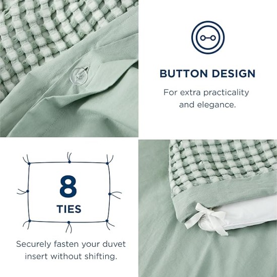 Waffle Duvet Cover Queen - Moisture-Wicking Cotton Blend Rayon Derived from Bamboo Duvet Cover Set for Hot Sleepers, Cooling Bedding Set with a Vintage Charm, 3 Pieces (Sage Green, 90"x90")