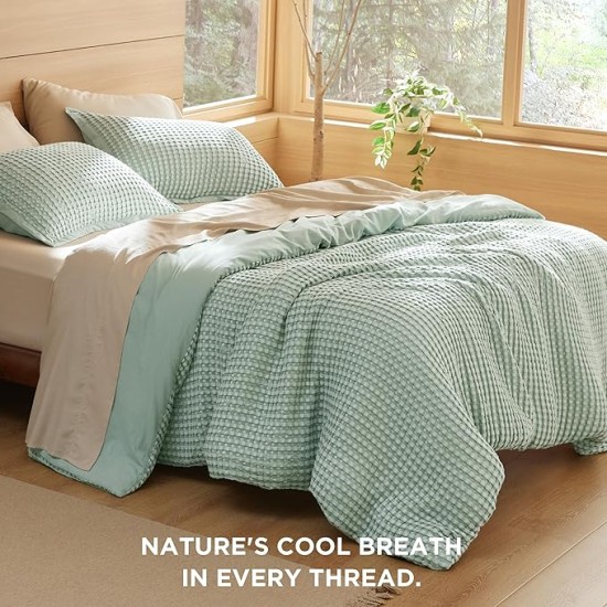 Waffle Duvet Cover Queen - Moisture-Wicking Cotton Blend Rayon Derived from Bamboo Duvet Cover Set for Hot Sleepers, Cooling Bedding Set with a Vintage Charm, 3 Pieces (Sage Green, 90"x90")
