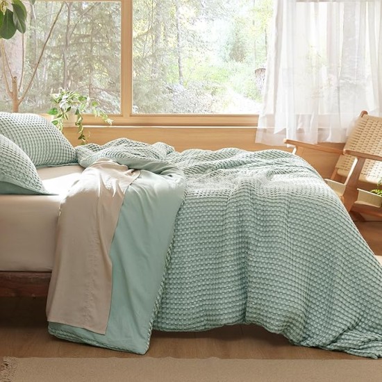 Waffle Duvet Cover Queen - Moisture-Wicking Cotton Blend Rayon Derived from Bamboo Duvet Cover Set for Hot Sleepers, Cooling Bedding Set with a Vintage Charm, 3 Pieces (Sage Green, 90"x90")