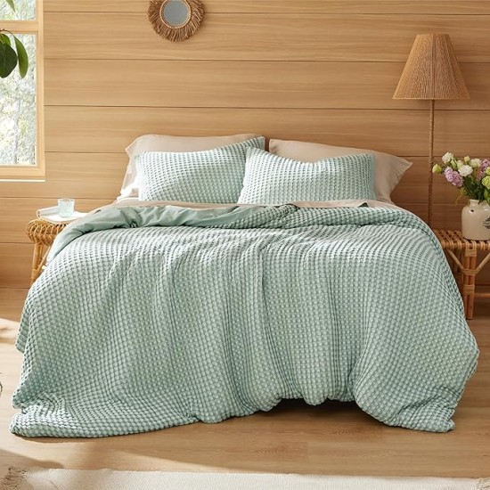 Waffle Duvet Cover Queen - Moisture-Wicking Cotton Blend Rayon Derived from Bamboo Duvet Cover Set for Hot Sleepers, Cooling Bedding Set with a Vintage Charm, 3 Pieces (Sage Green, 90"x90")