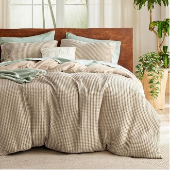 Waffle Duvet Cover Queen - Moisture-Wicking Cotton Blend Rayon Derived from Bamboo Duvet Cover Set for Hot Sleepers, Cooling Bedding Set with a Vintage Charm, 3 Pieces (Taupe, 90"x90")