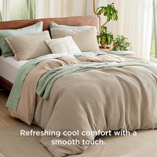 Waffle Duvet Cover Queen - Moisture-Wicking Cotton Blend Rayon Derived from Bamboo Duvet Cover Set for Hot Sleepers, Cooling Bedding Set with a Vintage Charm, 3 Pieces (Taupe, 90"x90")