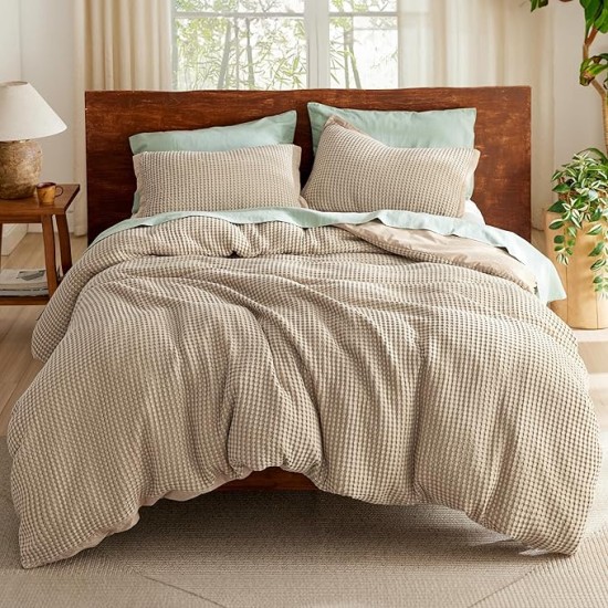 Waffle Duvet Cover Queen - Moisture-Wicking Cotton Blend Rayon Derived from Bamboo Duvet Cover Set for Hot Sleepers, Cooling Bedding Set with a Vintage Charm, 3 Pieces (Taupe, 90"x90")