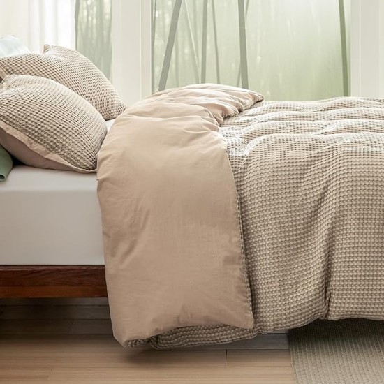 Waffle Duvet Cover Queen - Moisture-Wicking Cotton Blend Rayon Derived from Bamboo Duvet Cover Set for Hot Sleepers, Cooling Bedding Set with a Vintage Charm, 3 Pieces (Taupe, 90"x90")