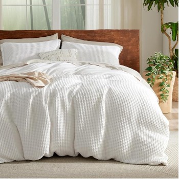 Waffle Duvet Cover Queen - Moisture-Wicking Cotton Blend Rayon Derived from Bamboo Duvet Cover for Hot Sleepers, Cooling Bedding Set with a Vintage Charm, 3 Pieces (Coconut White, 90"x90")
