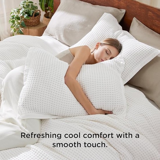 Waffle Duvet Cover Queen - Moisture-Wicking Cotton Blend Rayon Derived from Bamboo Duvet Cover for Hot Sleepers, Cooling Bedding Set with a Vintage Charm, 3 Pieces (Coconut White, 90"x90")