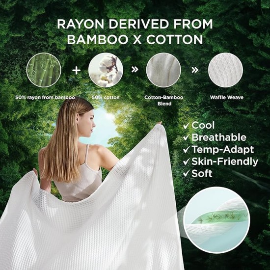 Waffle Duvet Cover Queen - Moisture-Wicking Cotton Blend Rayon Derived from Bamboo Duvet Cover for Hot Sleepers, Cooling Bedding Set with a Vintage Charm, 3 Pieces (Coconut White, 90"x90")