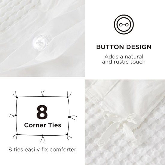 Waffle Duvet Cover Queen - Moisture-Wicking Cotton Blend Rayon Derived from Bamboo Duvet Cover for Hot Sleepers, Cooling Bedding Set with a Vintage Charm, 3 Pieces (Coconut White, 90"x90")