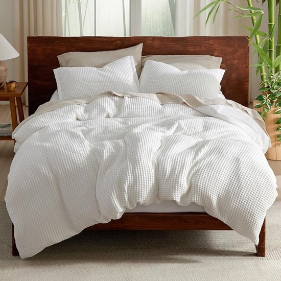 Waffle Duvet Cover Queen - Moisture-Wicking Cotton Blend Rayon Derived from Bamboo Duvet Cover for Hot Sleepers, Cooling Bedding Set with a Vintage Charm, 3 Pieces (Coconut White, 90"x90")