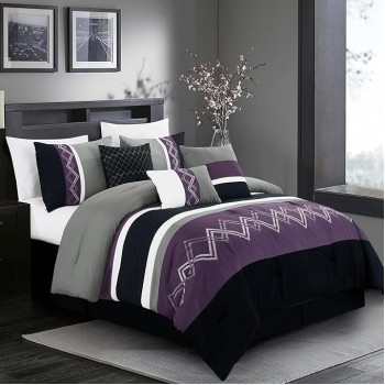 Arden 7-Piece Modern Pleated Stripe Embroidered Zigzag Bedding Comforter Set (Oversized King, Purple/Black/Gray/White)