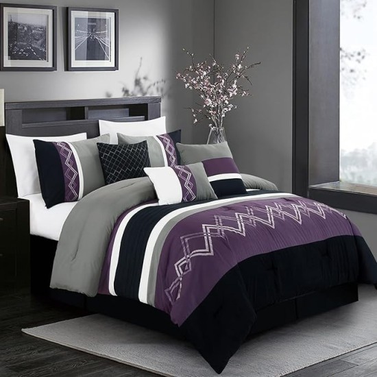 Arden 7-Piece Modern Pleated Stripe Embroidered Zigzag Bedding Comforter Set (Oversized King, Purple/Black/Gray/White)