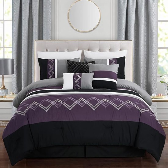 Arden 7-Piece Modern Pleated Stripe Embroidered Zigzag Bedding Comforter Set (Oversized King, Purple/Black/Gray/White)