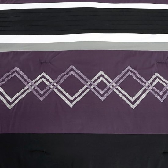 Arden 7-Piece Modern Pleated Stripe Embroidered Zigzag Bedding Comforter Set (Oversized King, Purple/Black/Gray/White)