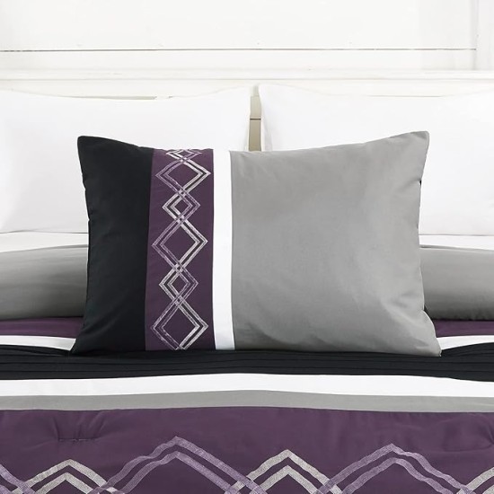 Arden 7-Piece Modern Pleated Stripe Embroidered Zigzag Bedding Comforter Set (Oversized King, Purple/Black/Gray/White)
