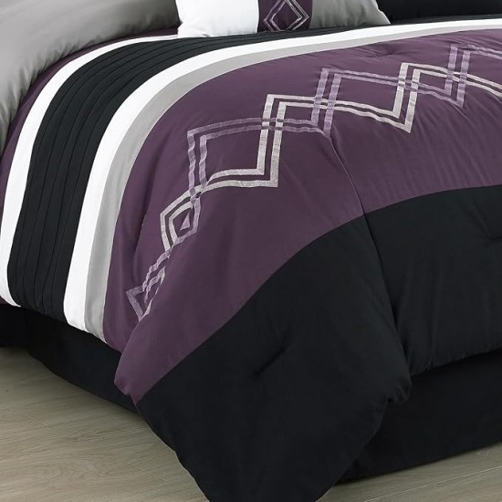 Arden 7-Piece Modern Pleated Stripe Embroidered Zigzag Bedding Comforter Set (Oversized King, Purple/Black/Gray/White)
