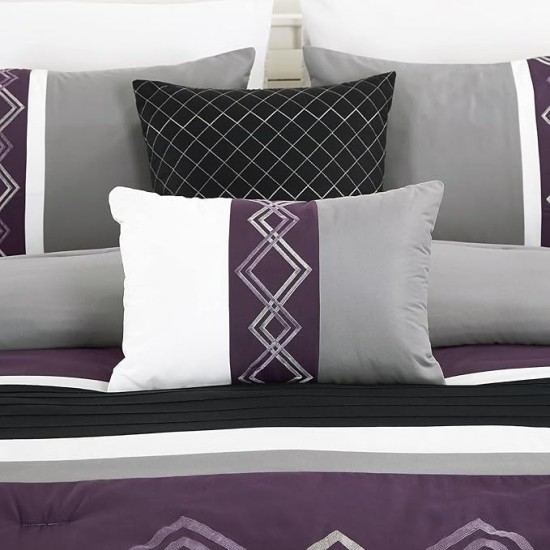 Arden 7-Piece Modern Pleated Stripe Embroidered Zigzag Bedding Comforter Set (Oversized King, Purple/Black/Gray/White)
