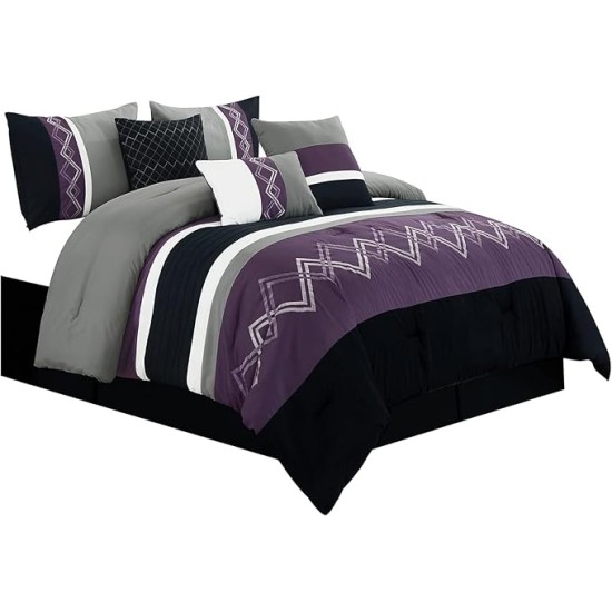 Arden 7-Piece Modern Pleated Stripe Embroidered Zigzag Bedding Comforter Set (Oversized King, Purple/Black/Gray/White)